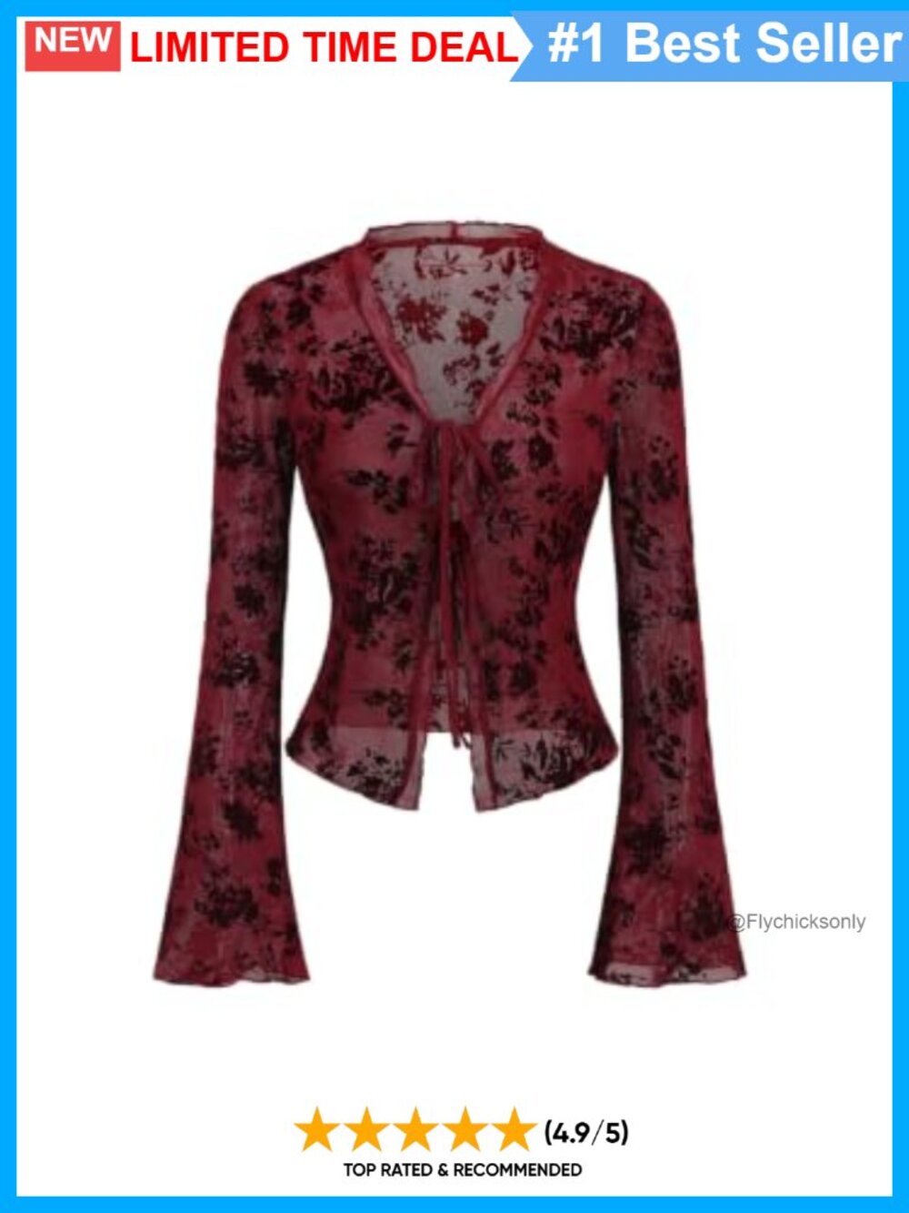 Goth Floral Mesh Sheer Tie Front Blouse Bell Sleeve V-Neck Top